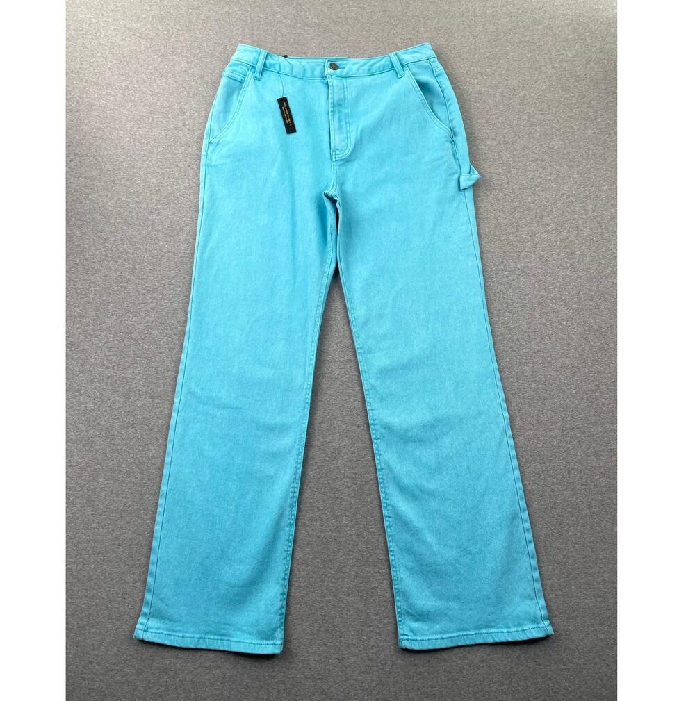 AFRM Jeans Womens 29 Teal Blue Fez High Rise Utility Straight Carpenter Denim